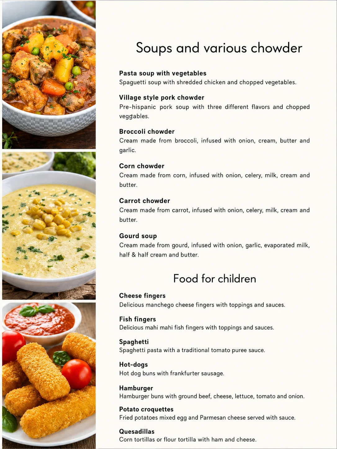 Menú infantil — dedos de queso, hamburguesa, espagueti, quesadillas, croquetas