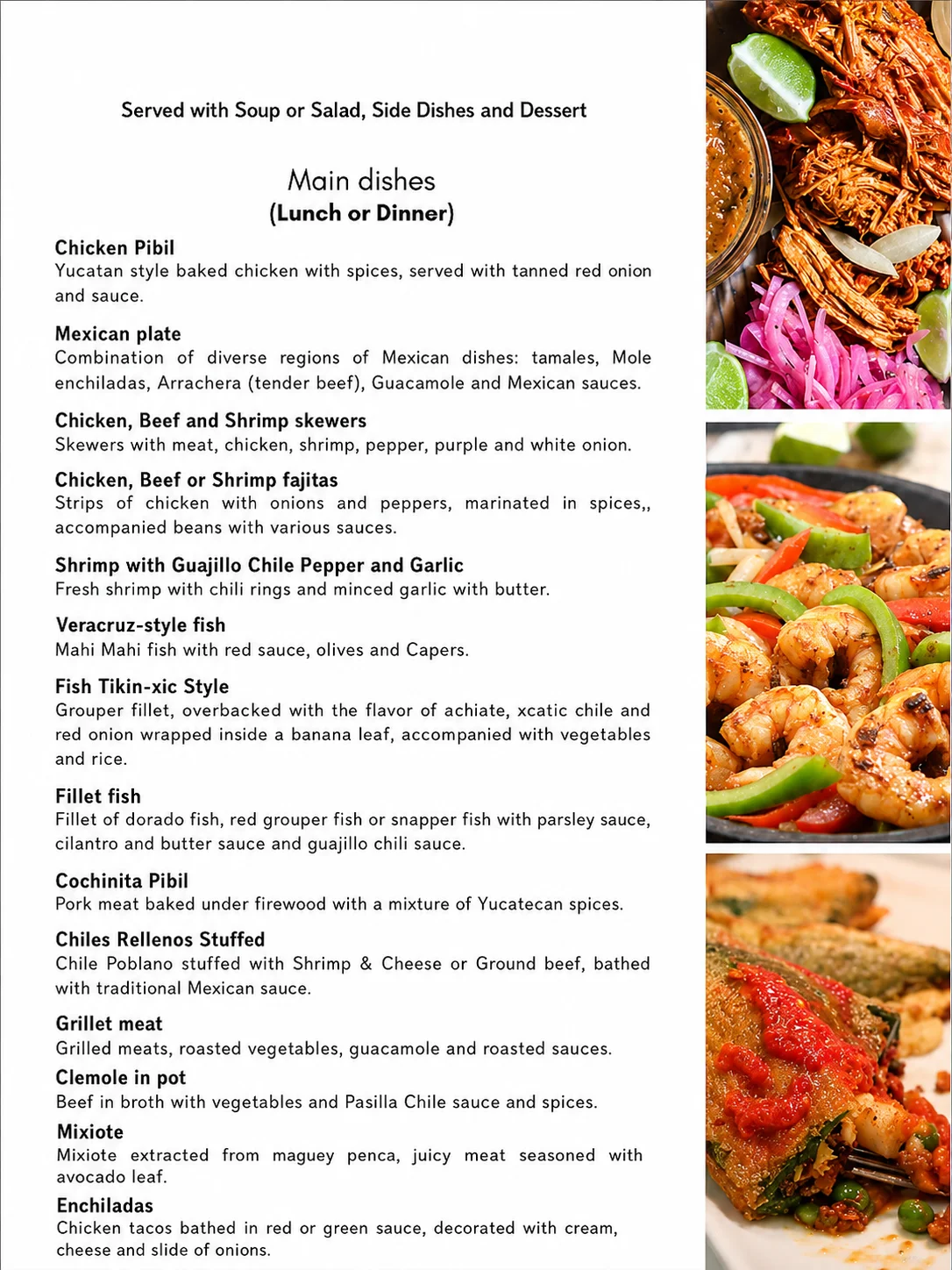 Menú de platos fuertes — cochinita pibil, pollo pibil, mole, camarones al guajillo, mixiote